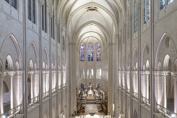 Osvětlení nově obnovené Katedrály Notre-Dame v Paříži
