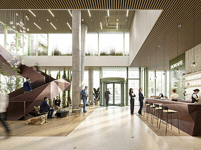 Vstupní lobby bude svým charakterem připomínat spíše hotel než kancelářskou budovu. Na osvětlení je zde kladen obrovský důraz.