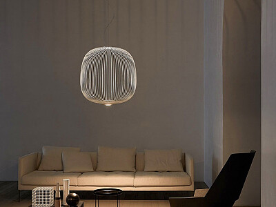 Obr. 14a, 14b – Foscarini Spokes, design Garcia Cumini, několik tvarů a velikostí závěsných svítidel, barva bílá, černá, antracit, měděná, zlatá, světelný zdroj v dolní části svítidla – světlo přímé, nepřímé a přímonepřímé, 30 W LED, 3 220 lm, 2 700 K.